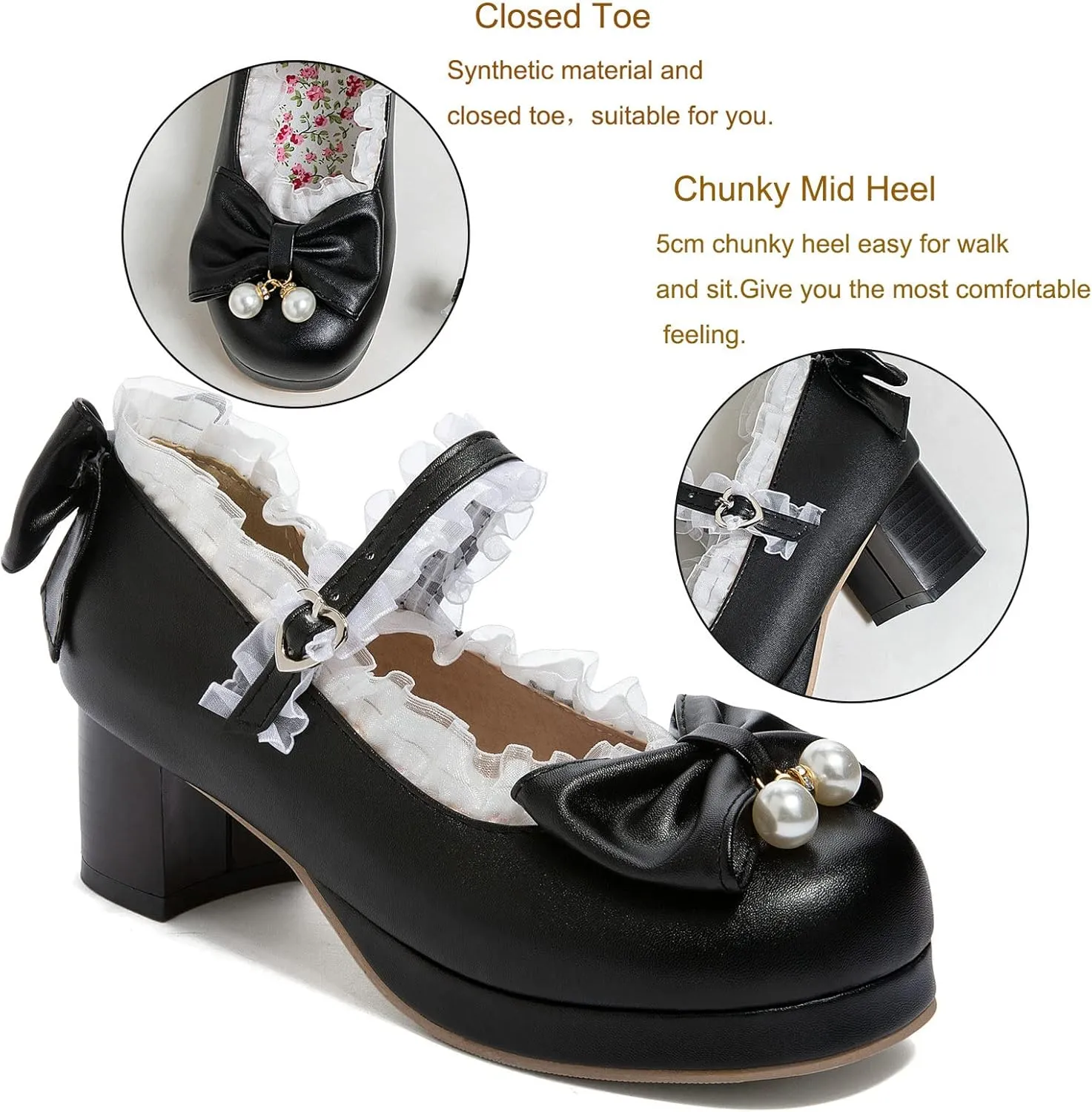 KysBloes Women Kawaii Shoes Sweet Mary Janes Platform Lace Cute Pumps Mid Block Heel Buckle Pumps with Bow