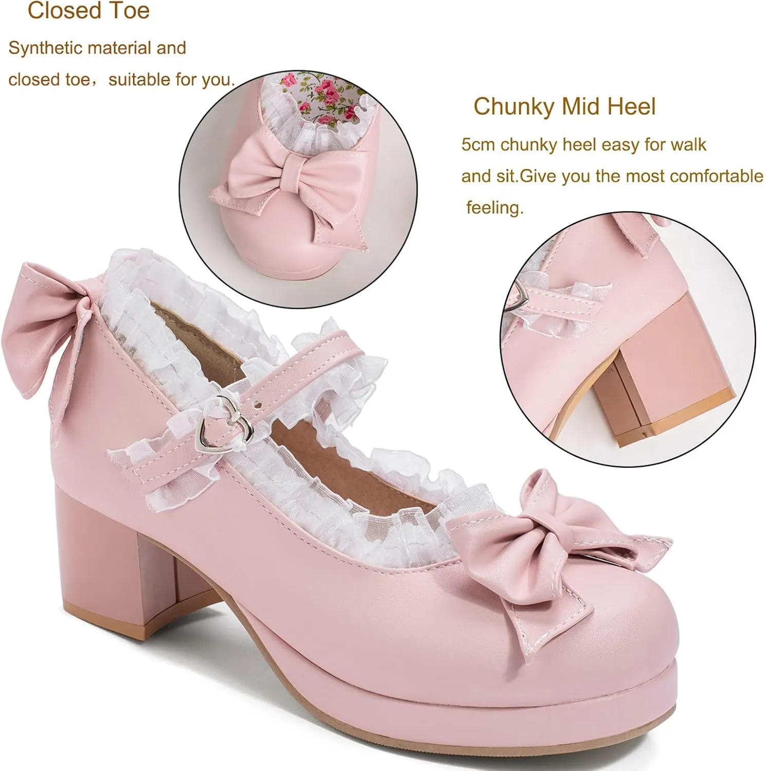 KysBloes Women Kawaii Shoes Sweet Mary Janes Platform Lace Cute Pumps Mid Block Heel Buckle Pumps with Bow
