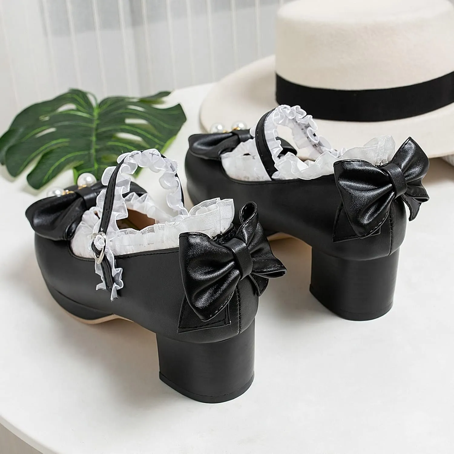 KysBloes Women Kawaii Shoes Sweet Mary Janes Platform Lace Cute Pumps Mid Block Heel Buckle Pumps with Bow