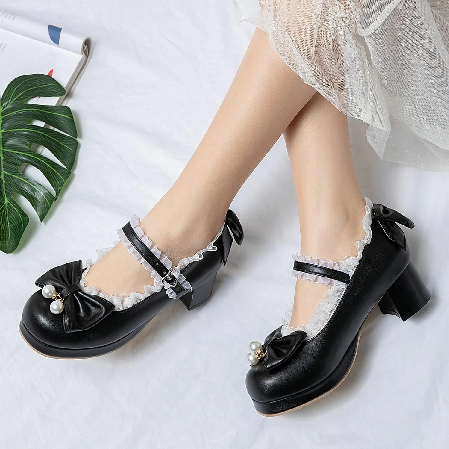 KysBloes Women Kawaii Shoes Sweet Mary Janes Platform Lace Cute Pumps Mid Block Heel Buckle Pumps with Bow