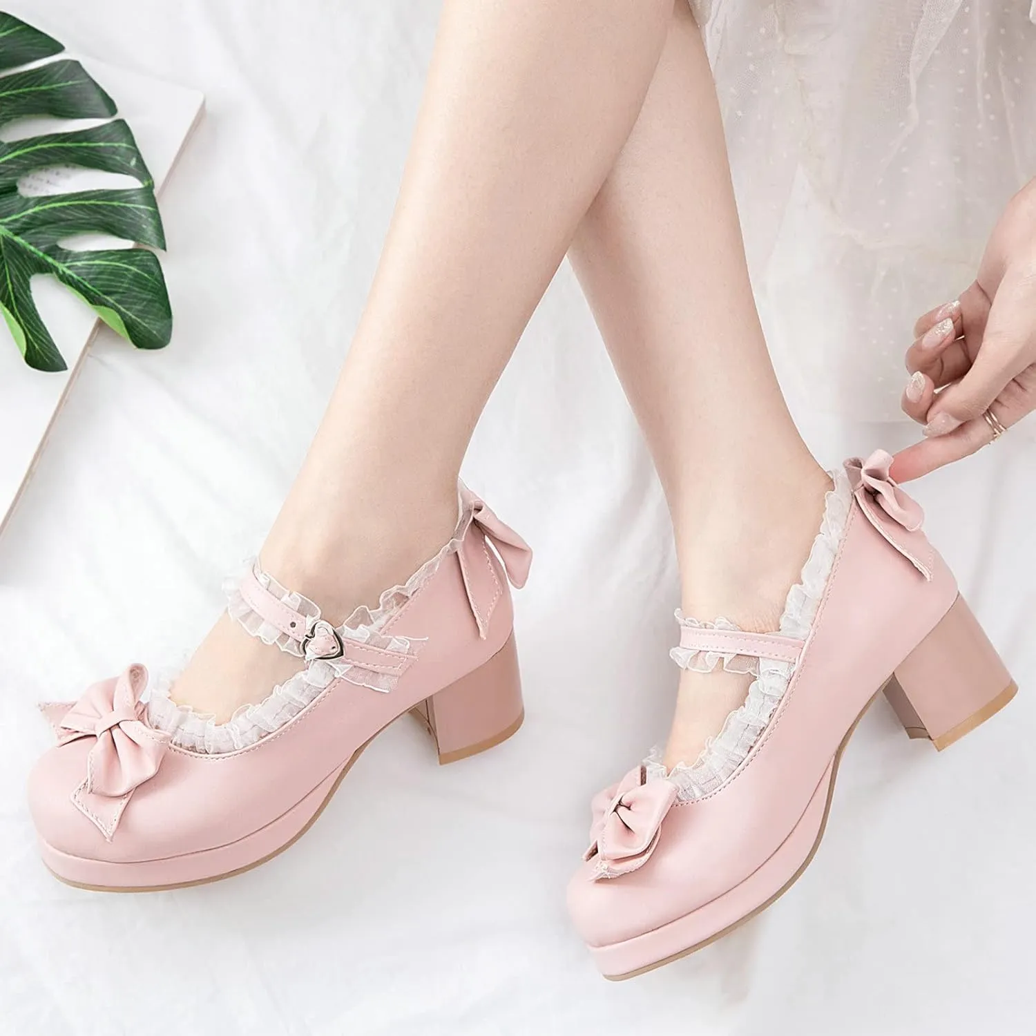 KysBloes Women Kawaii Shoes Sweet Mary Janes Platform Lace Cute Pumps Mid Block Heel Buckle Pumps with Bow