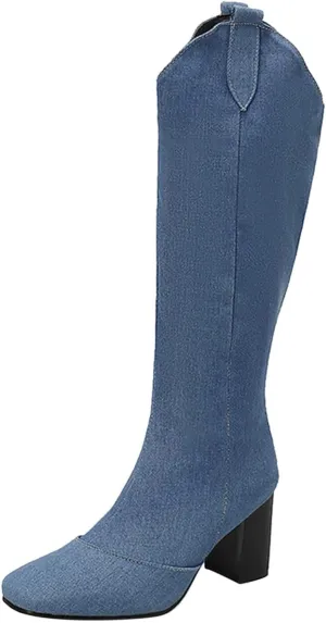 Ladies Cowboy Fashion Vintage Boots Pointed Toe Low Heel Side Zipper Knee Boots Knee High Boots 12w Women Wide Calf (Blue, 8.5)