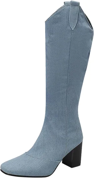 Ladies Cowboy Fashion Vintage Boots Pointed Toe Low Heel Side Zipper Knee Boots Knee High Boots 12w Women Wide Calf (Light Blue, 7.5)