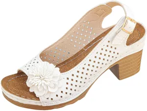Ladies Orthopedic Sandals Slides Non Slip Beach Sandals Trendy Elegant Flowers Decor Hollow Out Low Heel Sandal with Adjustable Buckle Straps