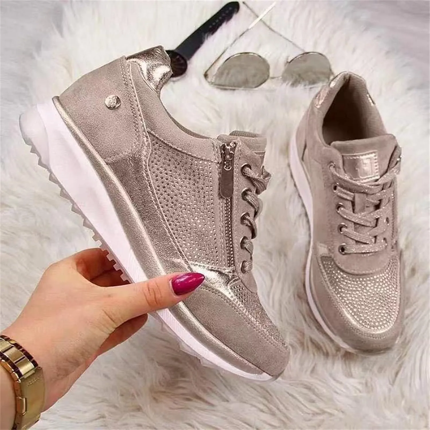 Ladmiple Sneakers For Women Walking Shoes Wide Width Slip on Glitter Shoes Fashion Dressy Summer Sparkly Flats Loafers