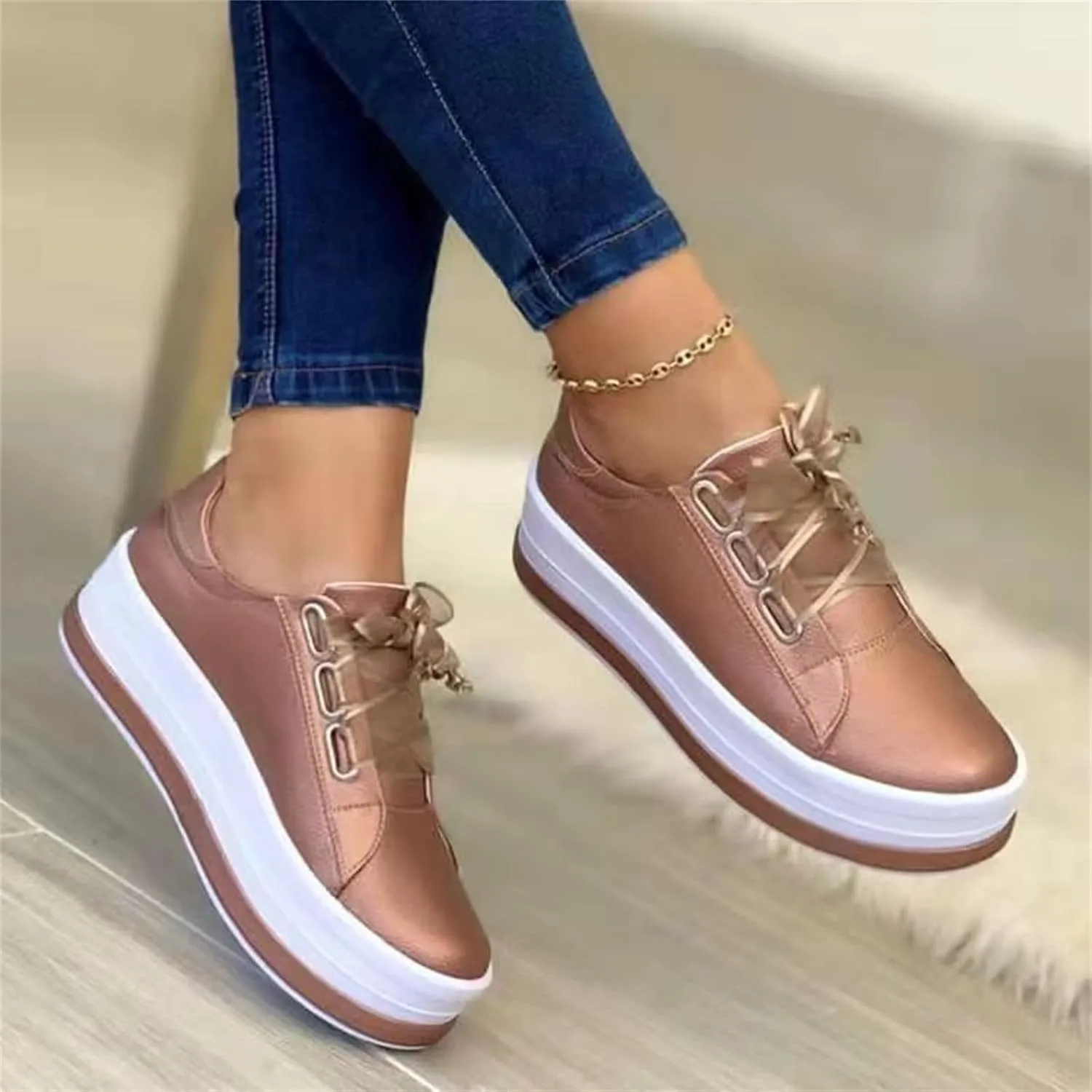 Lausiuoe Shoes For Women Dressy Casual Platform Leather Sneakers Low Top Fashion Comfortable Walking Flat Shoes Loafers
