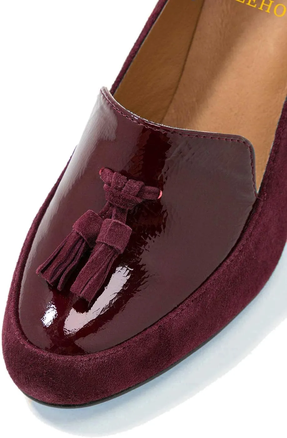 LEHOOR Women Chunky Block High Heel Fringed Pumps Round Toe, Slip On Dress Loafers with Tassel Suede Patent Leather Patchwork for Ladies Girls Office 4-15 M US