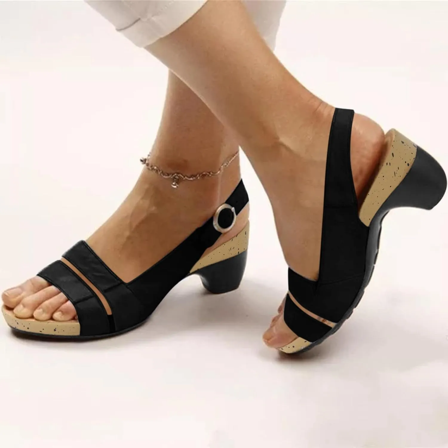 Libiyi Sandals Women 2025,Comfy Orthotic Dotmalls Shoes,Dressy Summer Open Toe Ankle Strap Chunky Heeled Shoe.