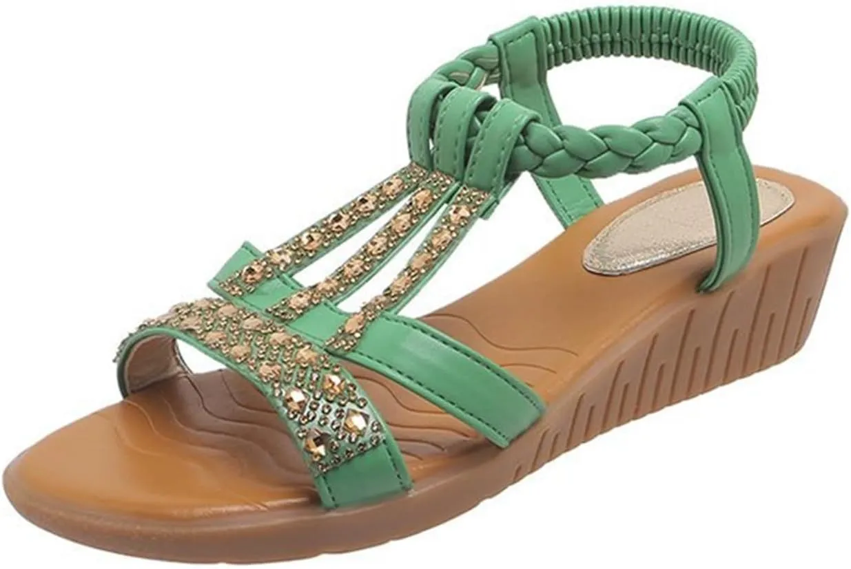 Low Wedge Sandals for Women Bohemia Beach Shoes Elastic Ankle Strap with Arch Support Slip On Open Toe Rhinestone Comfortable Shoe Comfortable Sandal T-Strap Beaded Dressy Flat