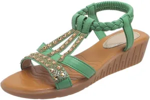 Low Wedge Sandals for Women Bohemia Beach Shoes Elastic Ankle Strap with Arch Support Slip On Open Toe Rhinestone Comfortable Shoe Comfortable Sandal T-Strap Beaded Dressy Flat