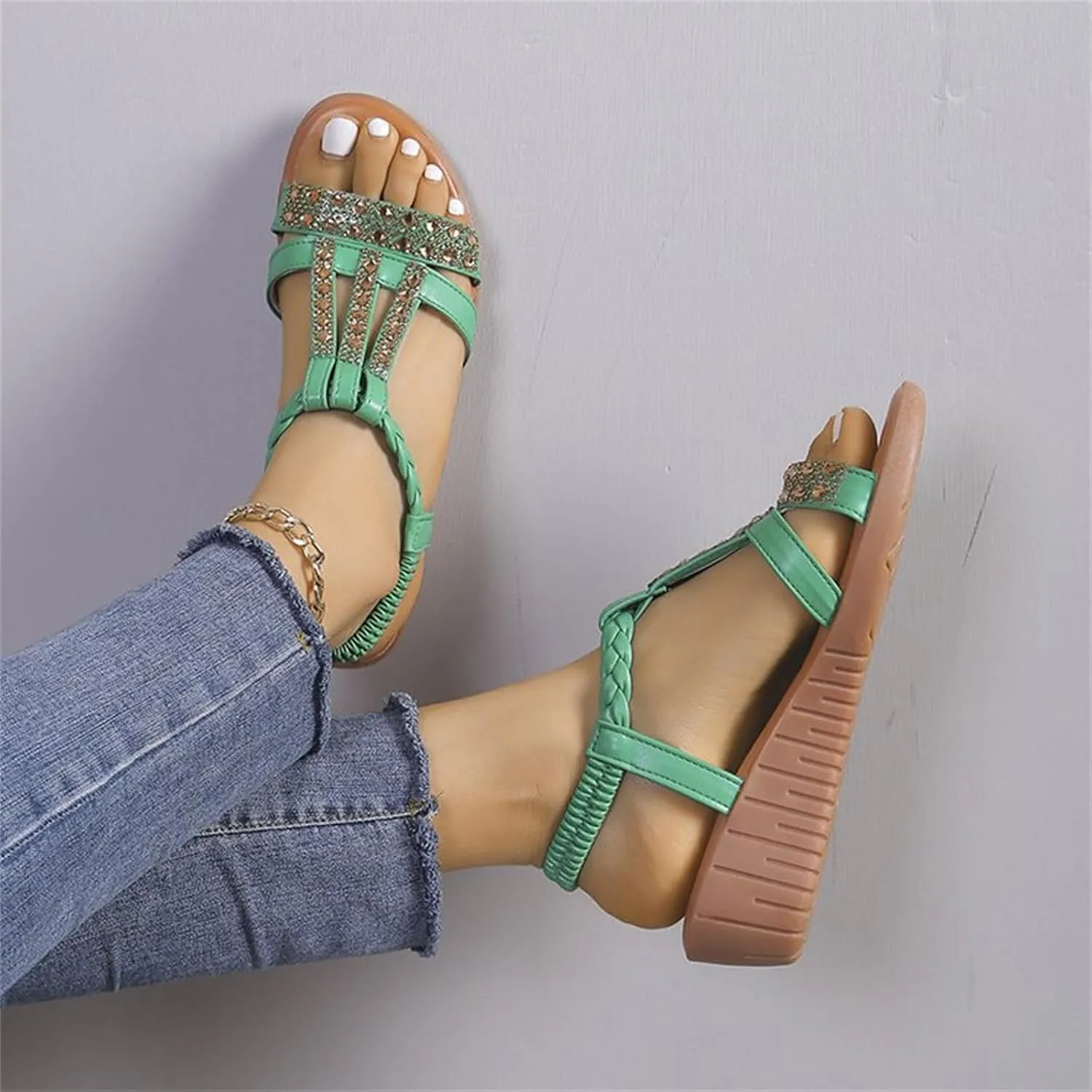 Low Wedge Sandals for Women Bohemia Beach Shoes Elastic Ankle Strap with Arch Support Slip On Open Toe Rhinestone Comfortable Shoe Comfortable Sandal T-Strap Beaded Dressy Flat