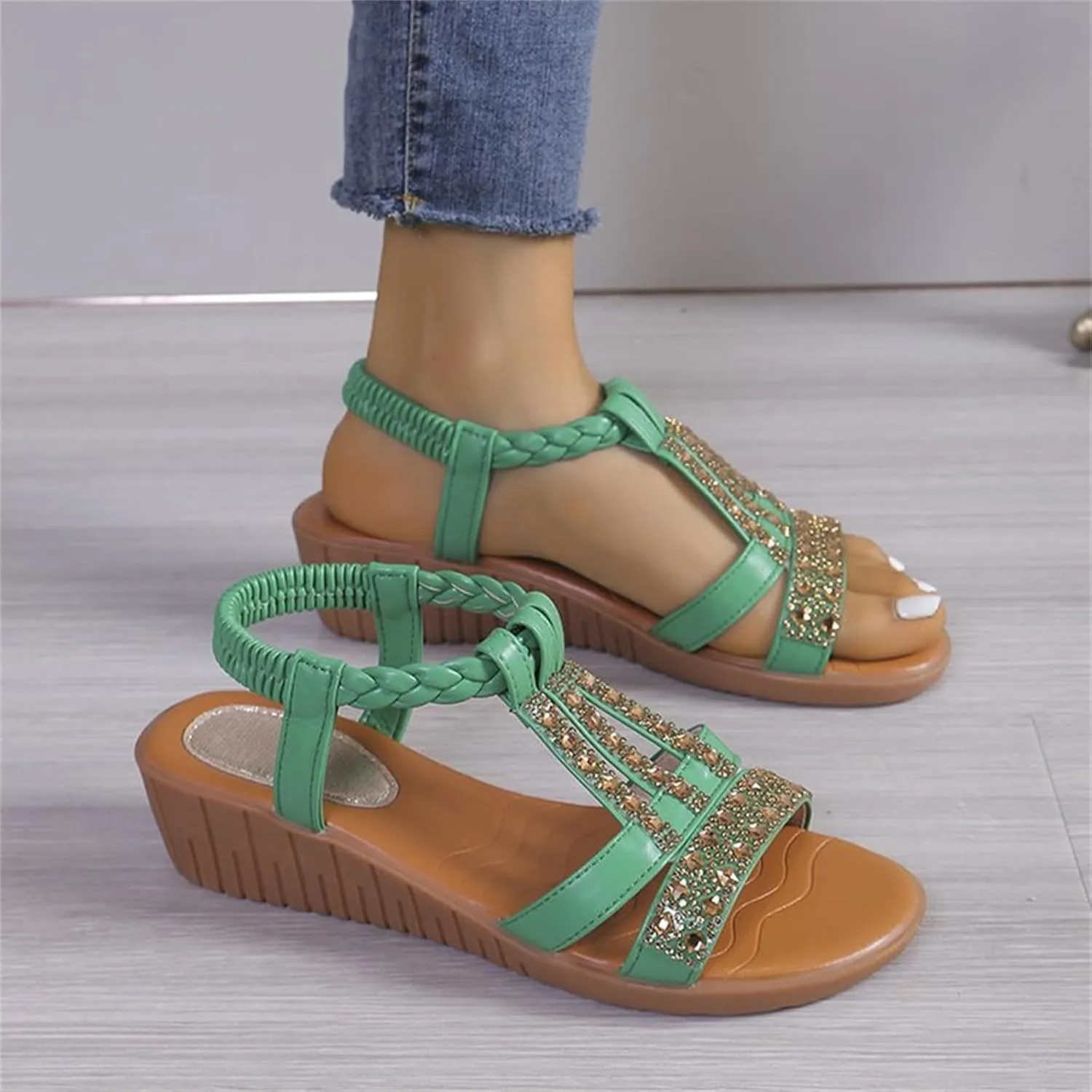 Low Wedge Sandals for Women Bohemia Beach Shoes Elastic Ankle Strap with Arch Support Slip On Open Toe Rhinestone Comfortable Shoe Comfortable Sandal T-Strap Beaded Dressy Flat