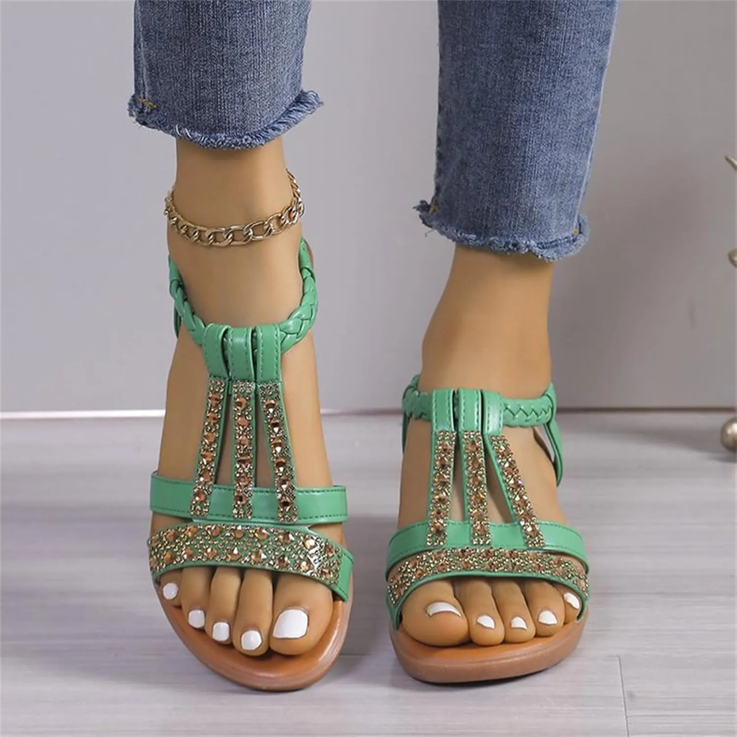Low Wedge Sandals for Women Bohemia Beach Shoes Elastic Ankle Strap with Arch Support Slip On Open Toe Rhinestone Comfortable Shoe Comfortable Sandal T-Strap Beaded Dressy Flat