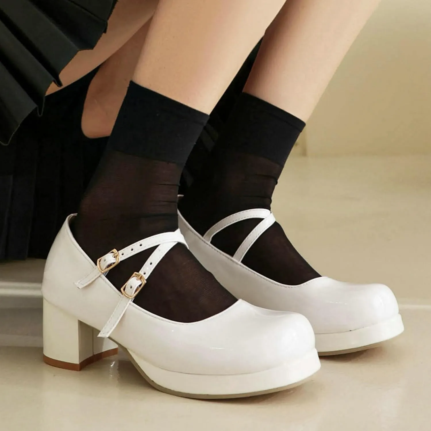 LUXMAX Women Patent Leather Mary Janes Block Heel Platform Pumps Ankle Strap Buckle Chunky Heel Pumps Closed Square Toe Dress Shoes