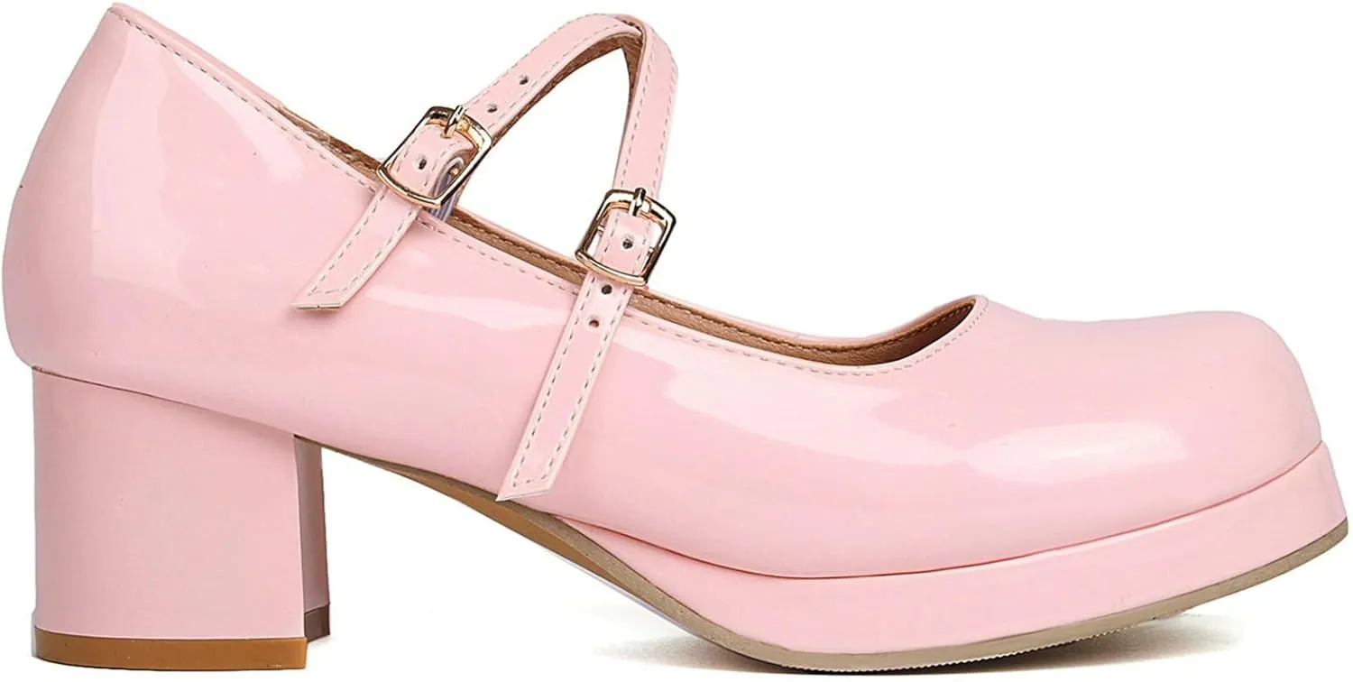 LUXMAX Women Patent Leather Mary Janes Block Heel Platform Pumps Ankle Strap Buckle Chunky Heel Pumps Closed Square Toe Dress Shoes