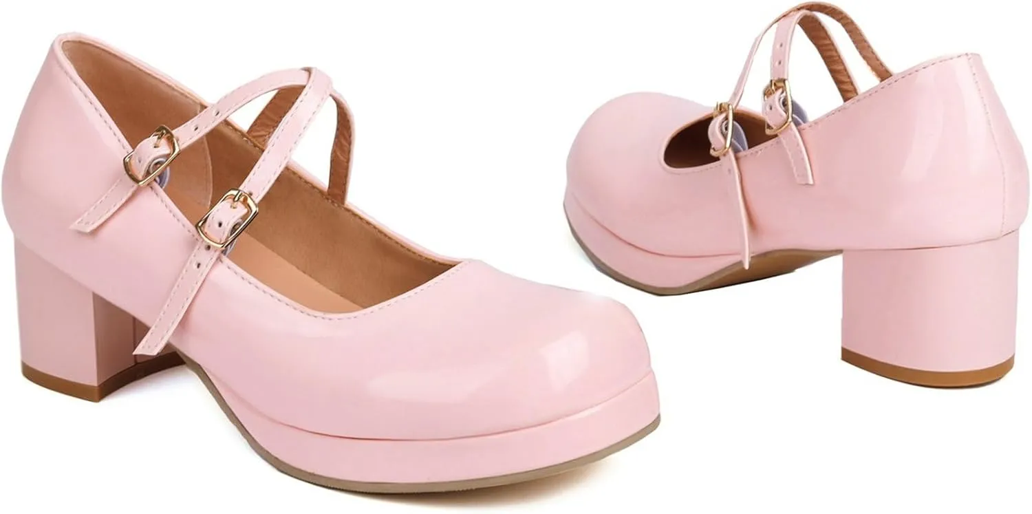 LUXMAX Women Patent Leather Mary Janes Block Heel Platform Pumps Ankle Strap Buckle Chunky Heel Pumps Closed Square Toe Dress Shoes