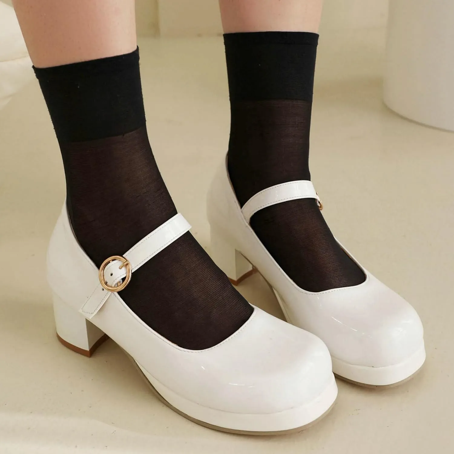 LUXMAX Women Patent Leather Mary Janes Block Heel Platform Pumps Ankle Strap Buckle Chunky Heel Pumps Closed Square Toe Dress Shoes