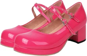 LUXMAX Women Patent Leather Mary Janes Block Heel Platform Pumps Ankle Strap Buckle Chunky Heel Pumps Closed Square Toe Dress Shoes