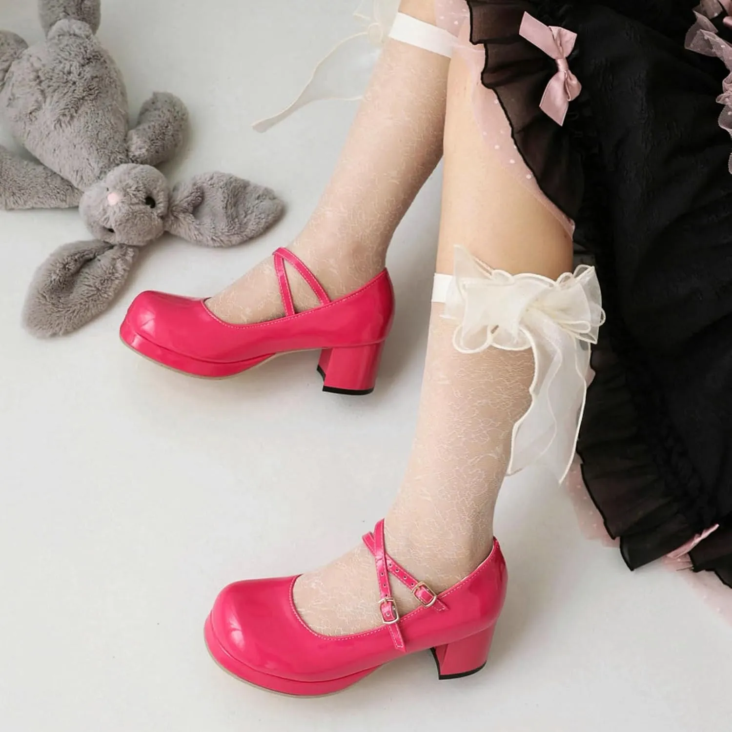 LUXMAX Women Patent Leather Mary Janes Block Heel Platform Pumps Ankle Strap Buckle Chunky Heel Pumps Closed Square Toe Dress Shoes