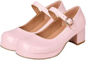 LUXMAX Women Patent Leather Mary Janes Block Heel Platform Pumps Ankle Strap Buckle Chunky Heel Pumps Closed Square Toe Dress Shoes
