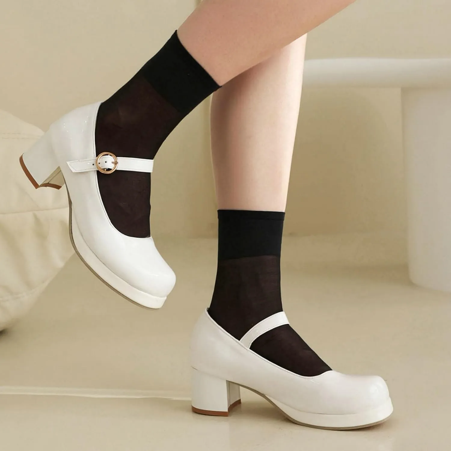 LUXMAX Women Patent Leather Mary Janes Block Heel Platform Pumps Ankle Strap Buckle Chunky Heel Pumps Closed Square Toe Dress Shoes