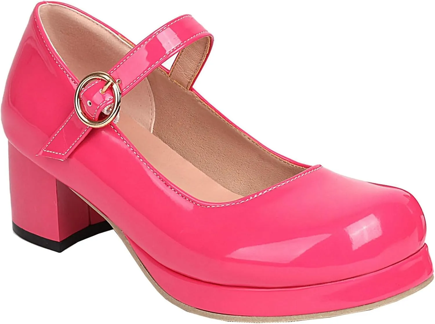 LUXMAX Women Patent Leather Mary Janes Block Heel Platform Pumps Ankle Strap Buckle Chunky Heel Pumps Closed Square Toe Dress Shoes