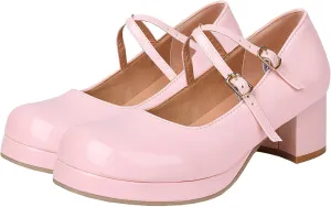 LUXMAX Women Patent Leather Mary Janes Block Heel Platform Pumps Ankle Strap Buckle Chunky Heel Pumps Closed Square Toe Dress Shoes