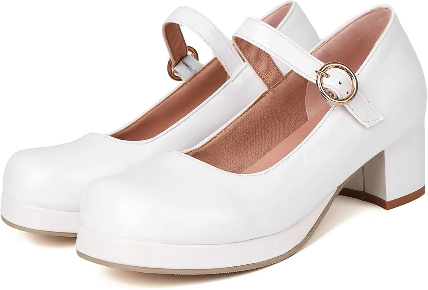 LUXMAX Women Patent Leather Mary Janes Block Heel Platform Pumps Ankle Strap Buckle Chunky Heel Pumps Closed Square Toe Dress Shoes