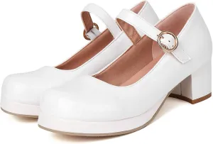 LUXMAX Women Patent Leather Mary Janes Block Heel Platform Pumps Ankle Strap Buckle Chunky Heel Pumps Closed Square Toe Dress Shoes