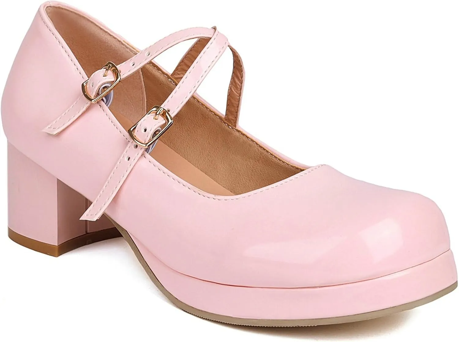LUXMAX Women Patent Leather Mary Janes Block Heel Platform Pumps Ankle Strap Buckle Chunky Heel Pumps Closed Square Toe Dress Shoes