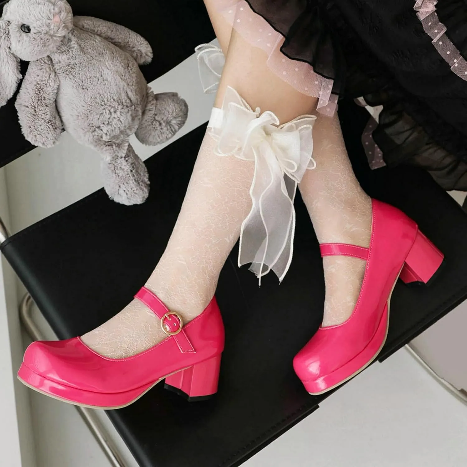 LUXMAX Women Patent Leather Mary Janes Block Heel Platform Pumps Ankle Strap Buckle Chunky Heel Pumps Closed Square Toe Dress Shoes