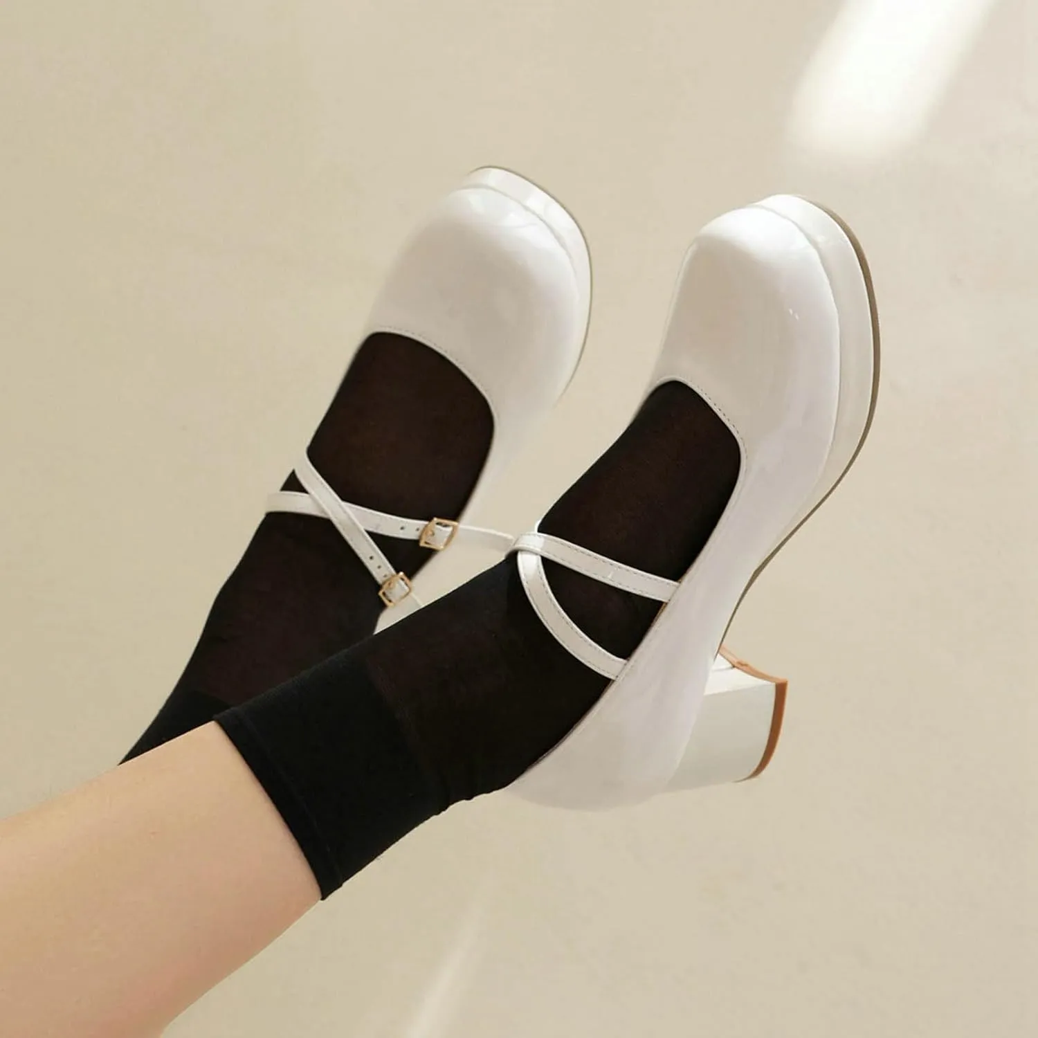 LUXMAX Women Patent Leather Mary Janes Block Heel Platform Pumps Ankle Strap Buckle Chunky Heel Pumps Closed Square Toe Dress Shoes