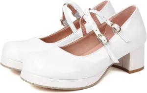 LUXMAX Women Patent Leather Mary Janes Block Heel Platform Pumps Ankle Strap Buckle Chunky Heel Pumps Closed Square Toe Dress Shoes