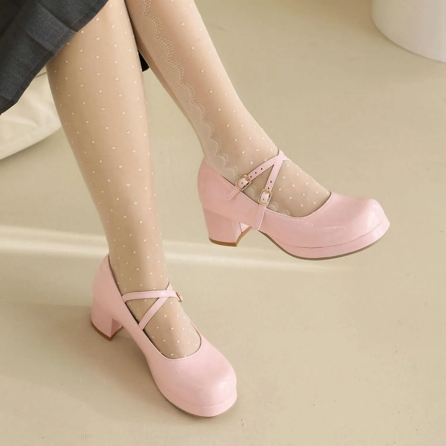 LUXMAX Women Patent Leather Mary Janes Block Heel Platform Pumps Ankle Strap Buckle Chunky Heel Pumps Closed Square Toe Dress Shoes
