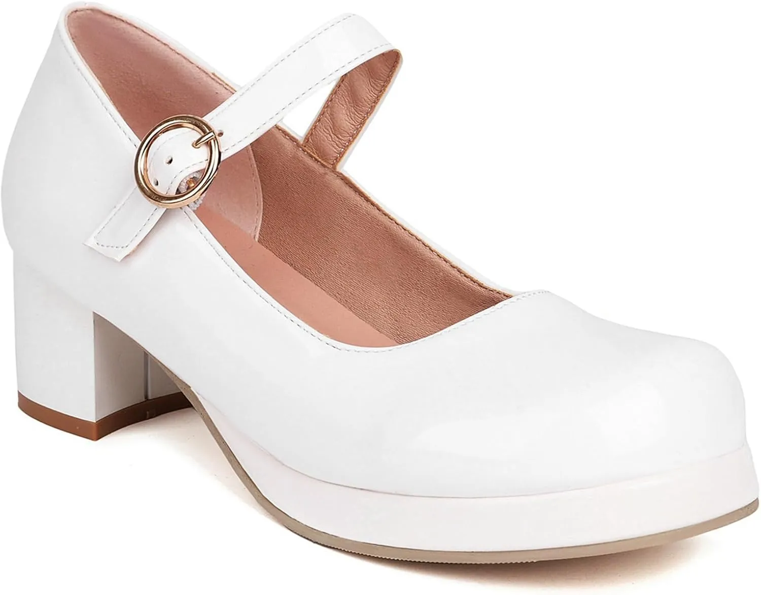 LUXMAX Women Patent Leather Mary Janes Block Heel Platform Pumps Ankle Strap Buckle Chunky Heel Pumps Closed Square Toe Dress Shoes