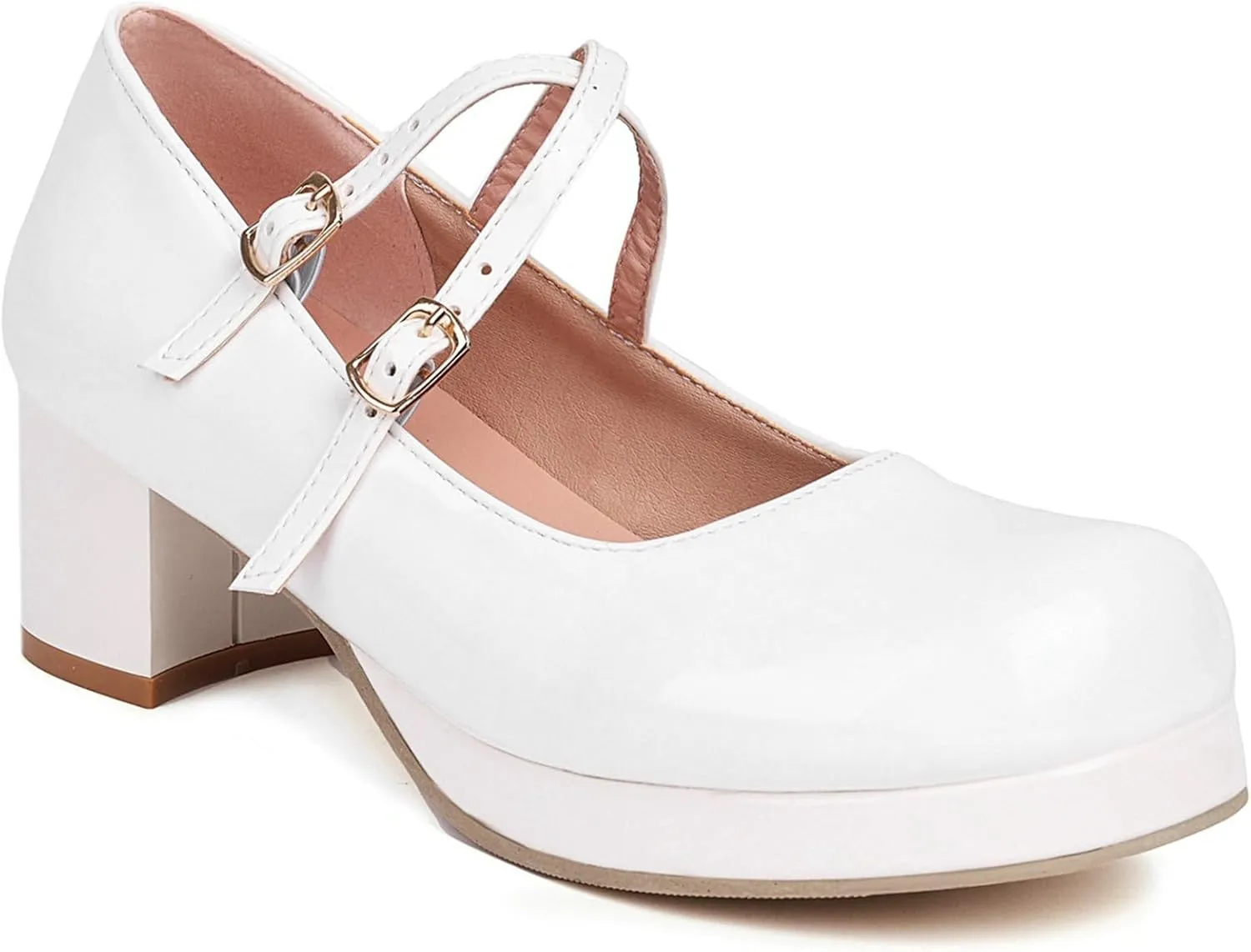 LUXMAX Women Patent Leather Mary Janes Block Heel Platform Pumps Ankle Strap Buckle Chunky Heel Pumps Closed Square Toe Dress Shoes