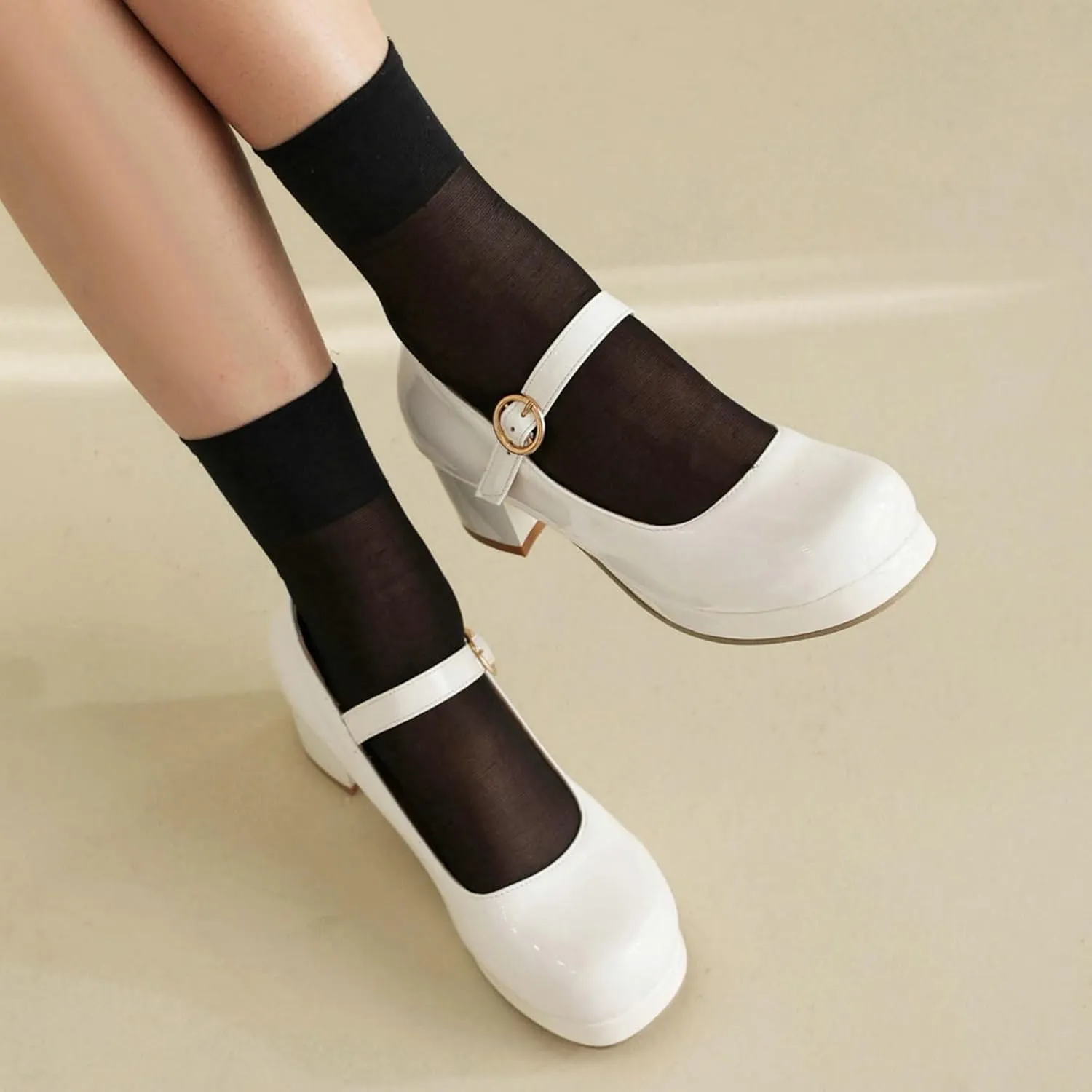 LUXMAX Women Patent Leather Mary Janes Block Heel Platform Pumps Ankle Strap Buckle Chunky Heel Pumps Closed Square Toe Dress Shoes