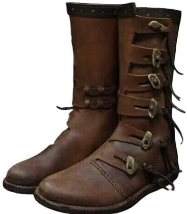 Medieval Renaissance Leather Boots, Brown Viking Style, Multi-Buckle Design, Men's