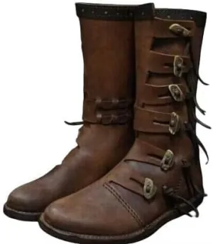 Medieval Renaissance Leather Boots, Brown Viking Style, Multi-Buckle Design, Men's