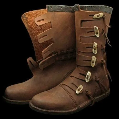 Medieval Renaissance Leather Boots, Brown Viking Style, Multi-Buckle Design, Men's