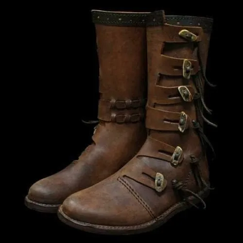 Medieval Renaissance Leather Boots, Brown Viking Style, Multi-Buckle Design, Men's