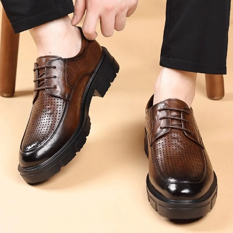 Men's Air-Cushioned Leather Oxfords - Summer Breathable Lace-Up Formal Shoes Insole & Durable Rubber Outsole, Suitable for Business Meetings and Weddings