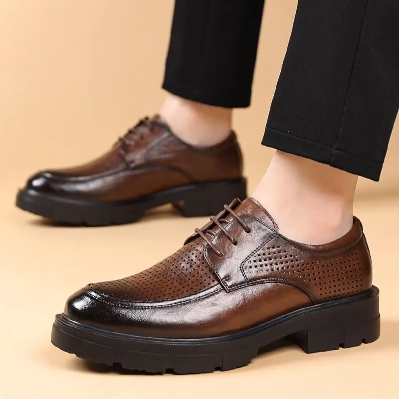 Men's Air-Cushioned Leather Oxfords - Summer Breathable Lace-Up Formal Shoes Insole & Durable Rubber Outsole, Suitable for Business Meetings and Weddings