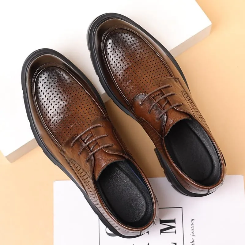 Men's Air-Cushioned Leather Oxfords - Summer Breathable Lace-Up Formal Shoes Insole & Durable Rubber Outsole, Suitable for Business Meetings and Weddings