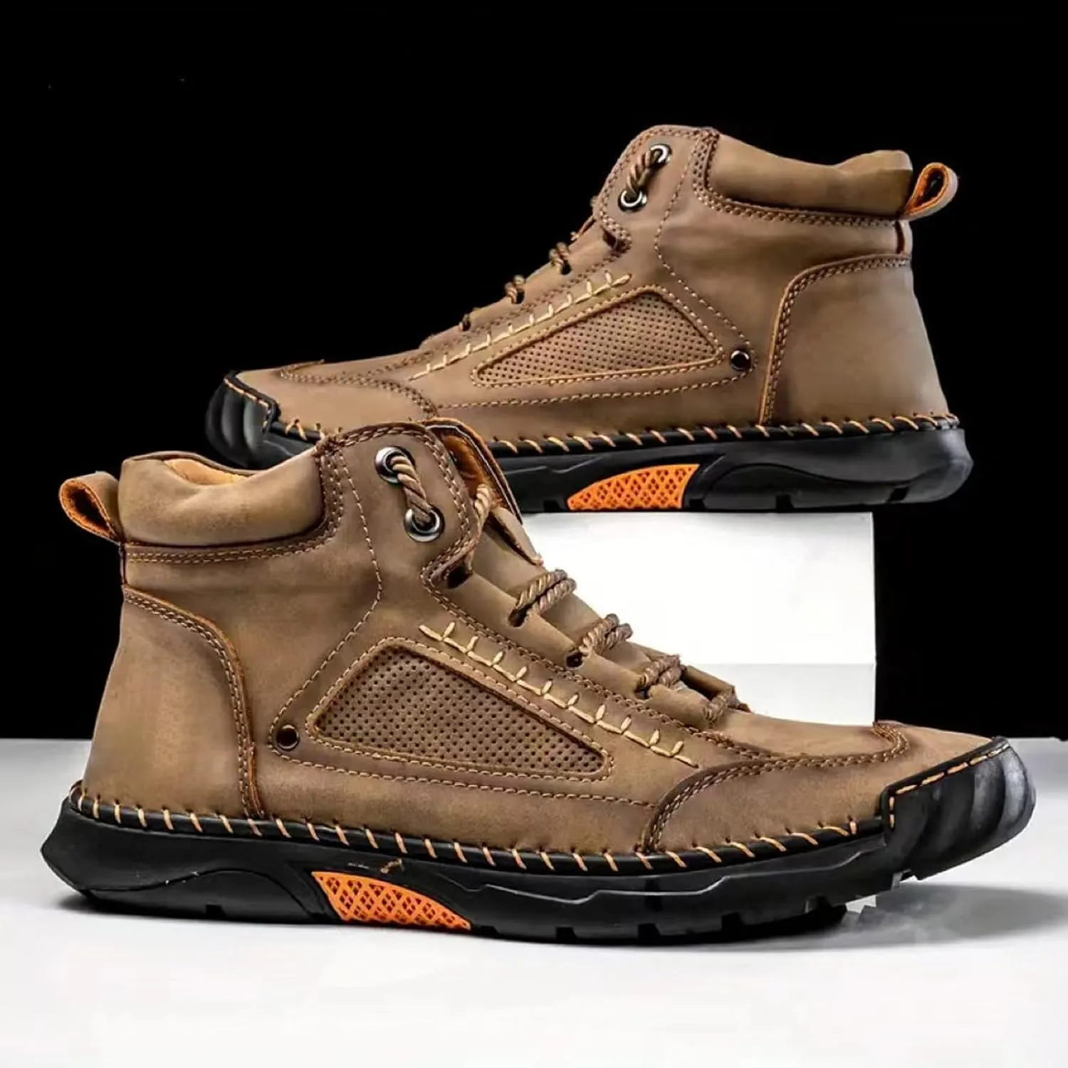 Men's Comfortable Handmade Leather Boots, Stylish hand-stitched Waterproof Arch Support Ankle boots
