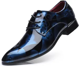 Mens Fashion Floral Patent Leather Tuxedo Oxfords Pointed Toe Shiny Flat Lace Up Formal Business Shoes for Men