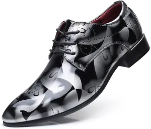 Mens Fashion Floral Patent Leather Tuxedo Oxfords Pointed Toe Shiny Flat Lace Up Formal Business Shoes for Men