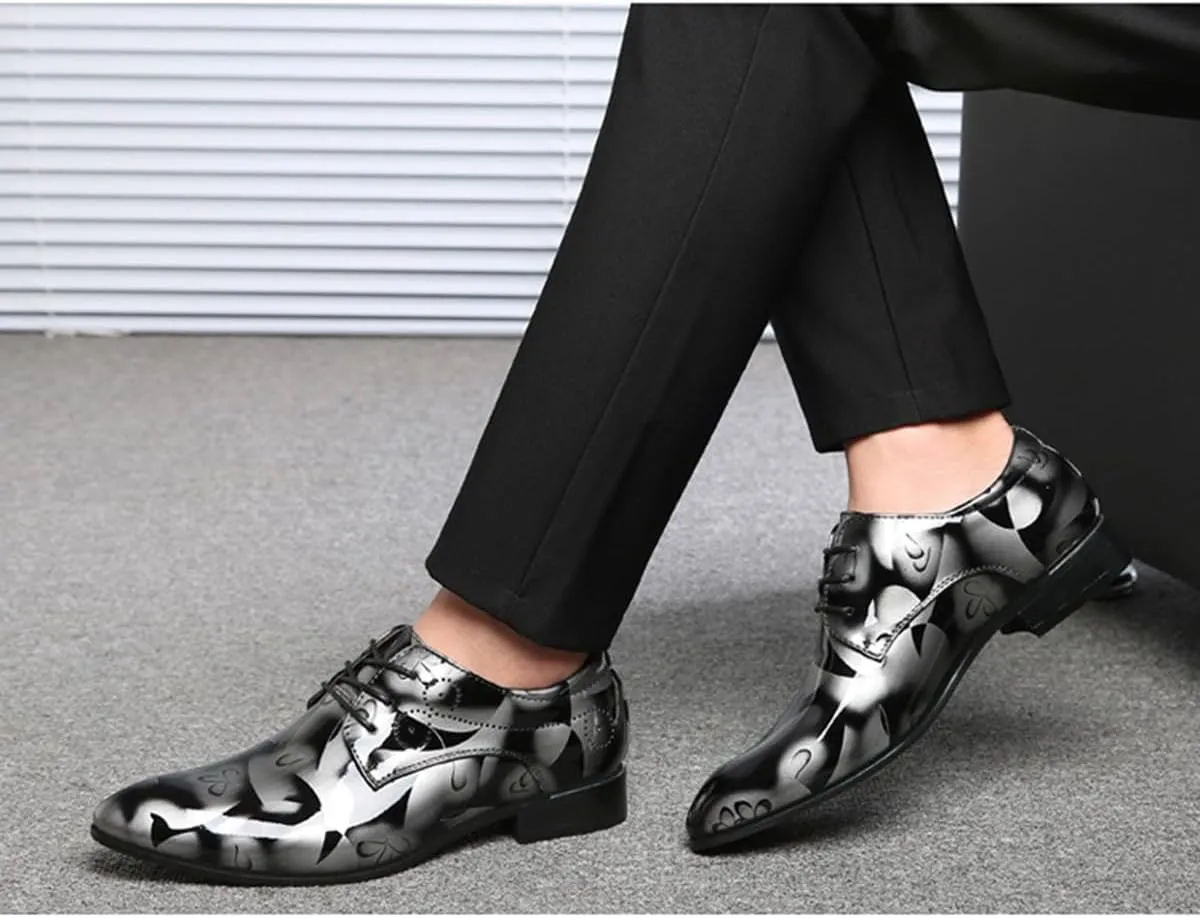 Mens Fashion Floral Patent Leather Tuxedo Oxfords Pointed Toe Shiny Flat Lace Up Formal Business Shoes for Men