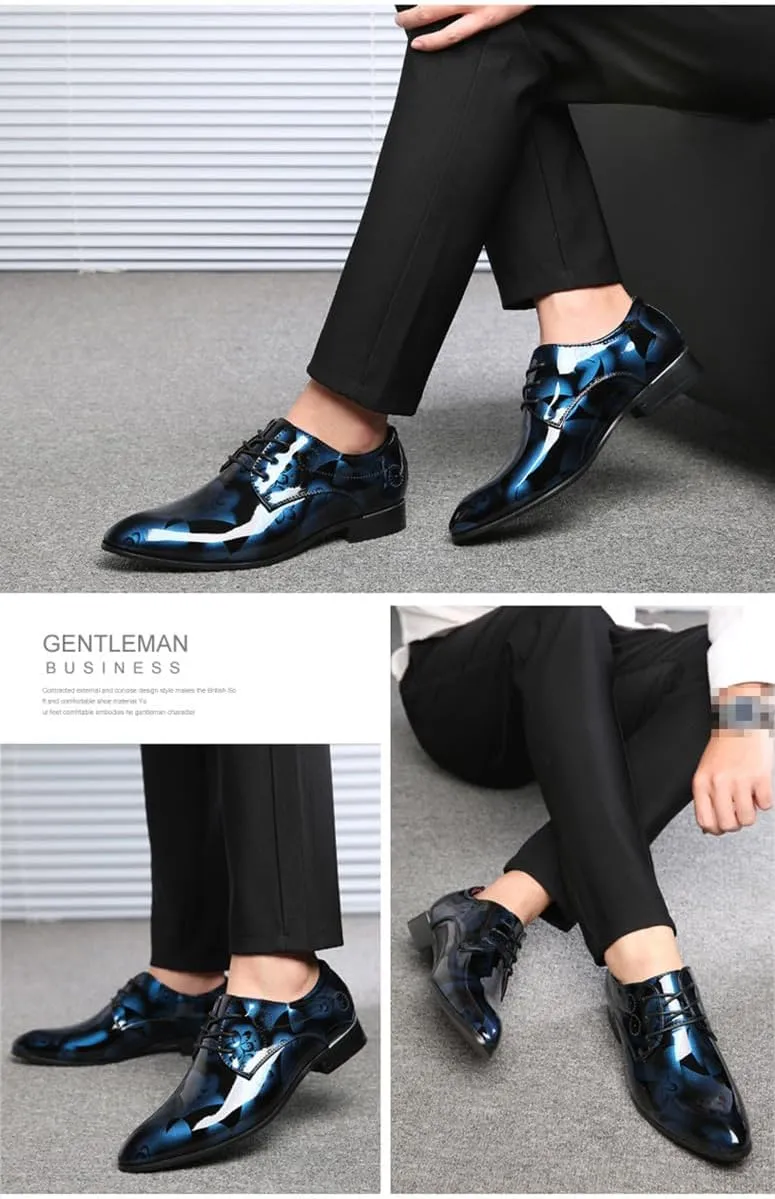 Mens Fashion Floral Patent Leather Tuxedo Oxfords Pointed Toe Shiny Flat Lace Up Formal Business Shoes for Men