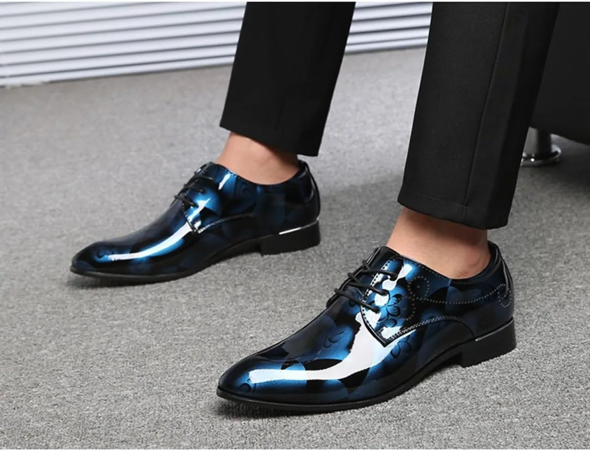 Mens Fashion Floral Patent Leather Tuxedo Oxfords Pointed Toe Shiny Flat Lace Up Formal Business Shoes for Men